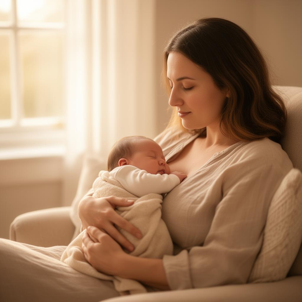 Mamá y bebé en un momento íntimo y tranquilo, con luz natural suave